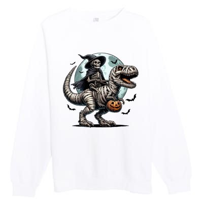 Skeleton Riding A Mummy Dinosaur Trex Premium Crewneck Sweatshirt