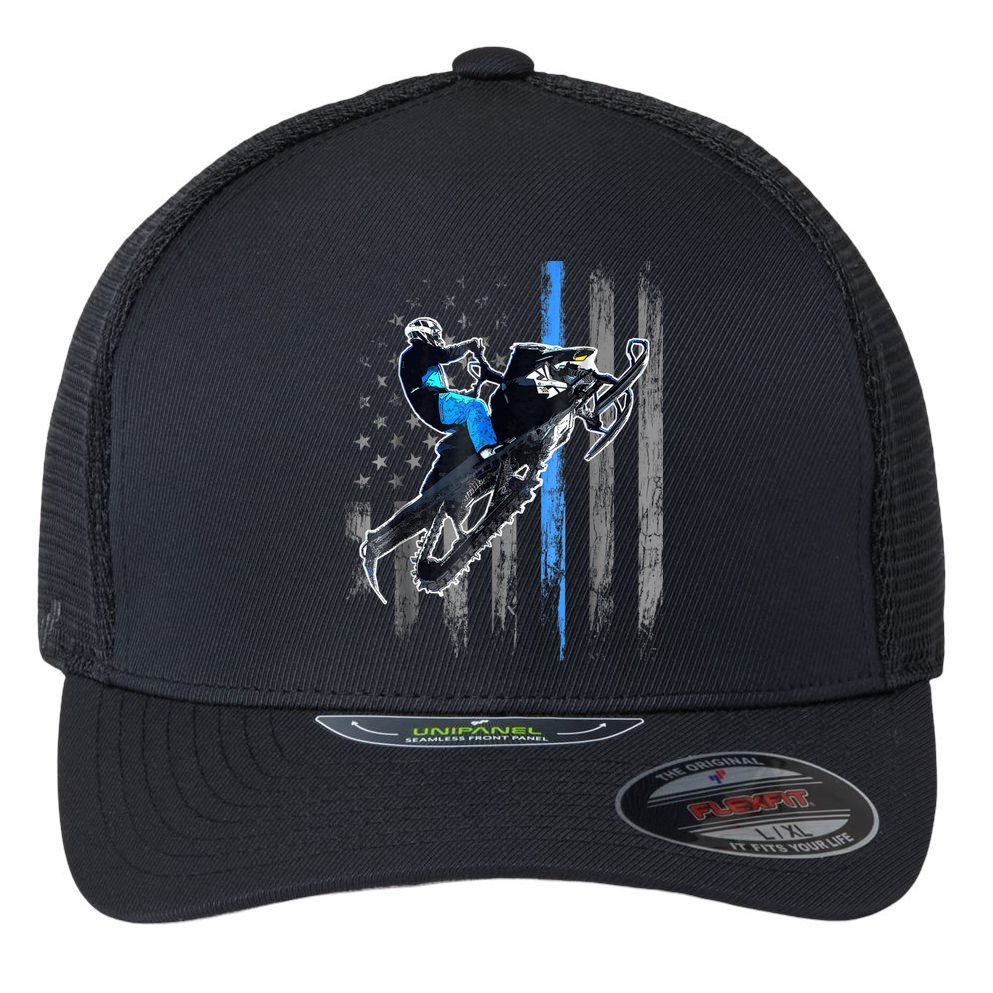 Snowmobile Riding American Flag Flexfit Unipanel Trucker Cap