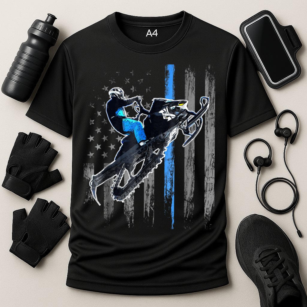 Snowmobile Riding American Flag Performance Shirt