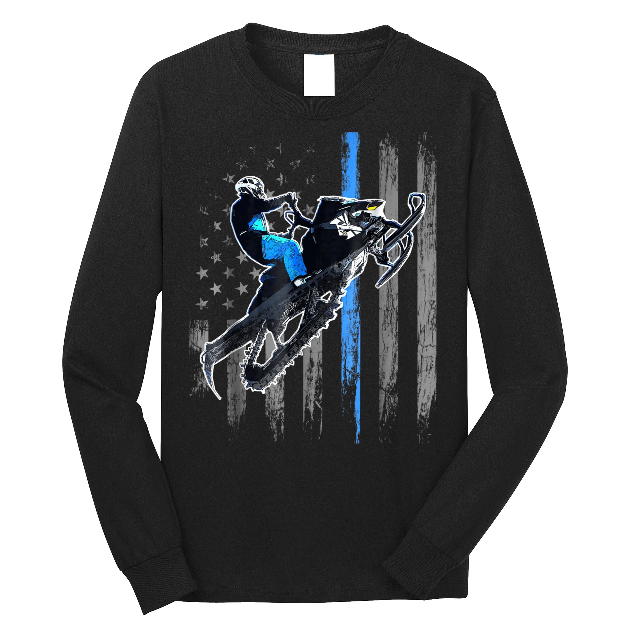 Snowmobile Riding American Flag Long Sleeve Shirt