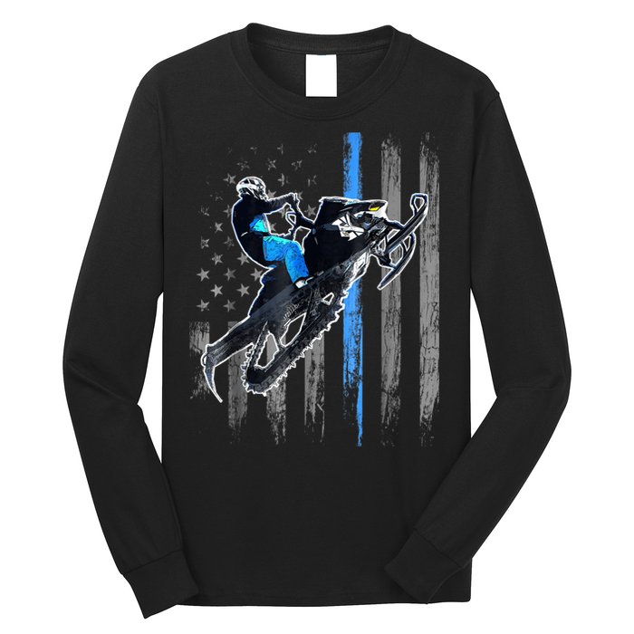 Snowmobile Riding American Flag Long Sleeve Shirt