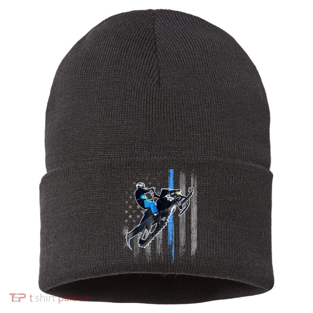 Snowmobile Riding American Flag Sustainable Knit Beanie