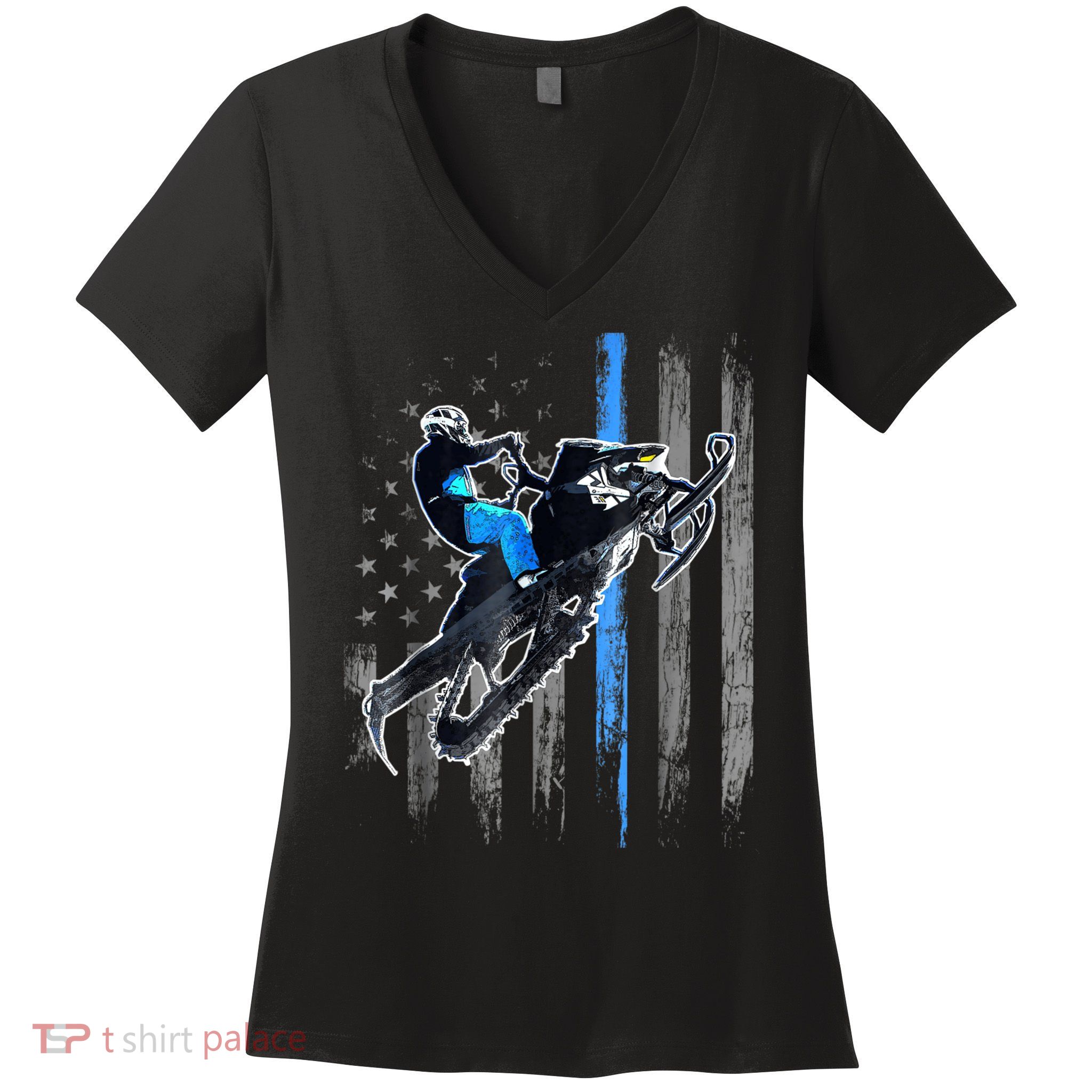 Snowmobile Riding American Flag Women's V-Neck T-Shirt