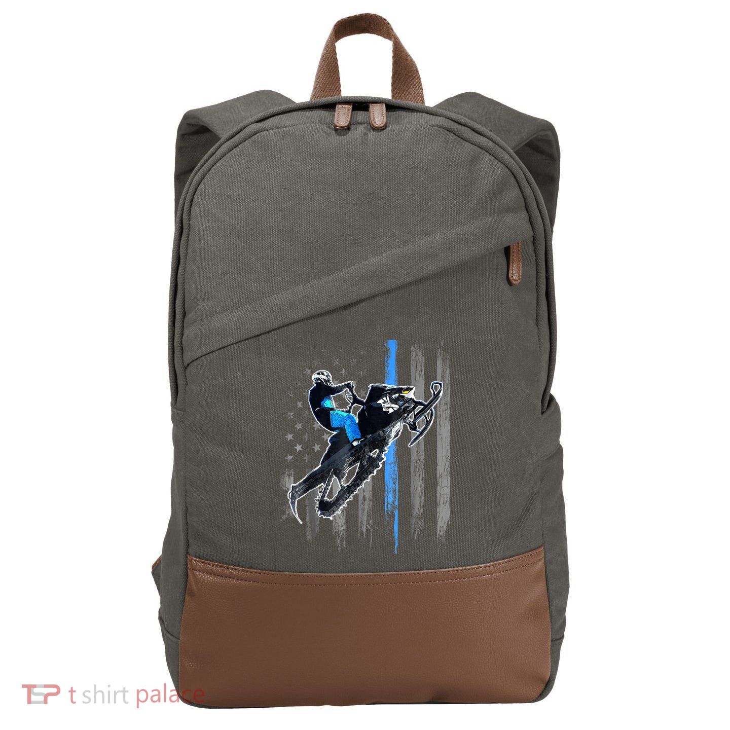 Snowmobile Riding American Flag Cotton Canvas Backpack