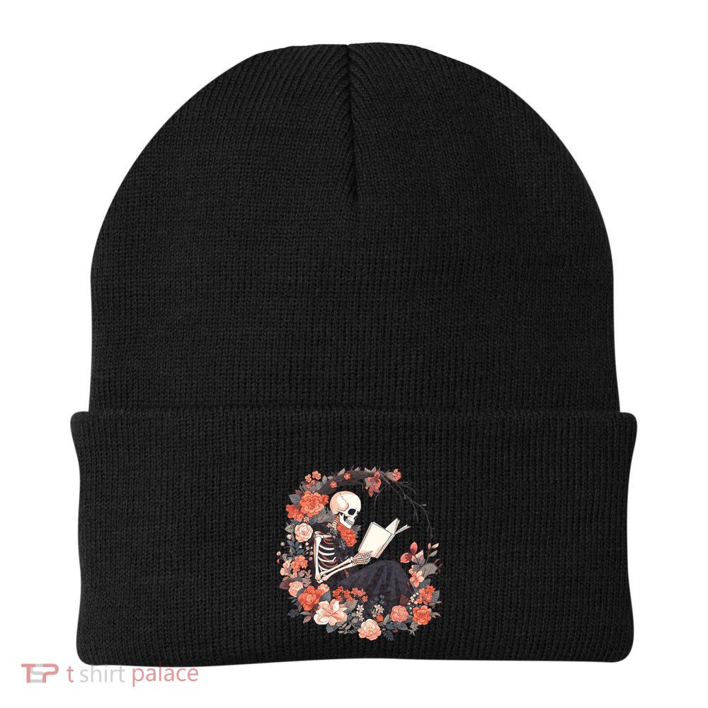 Skeleton Reading Book Lover Floral Flowers Bookish Bookworm Knit Cap Winter Beanie