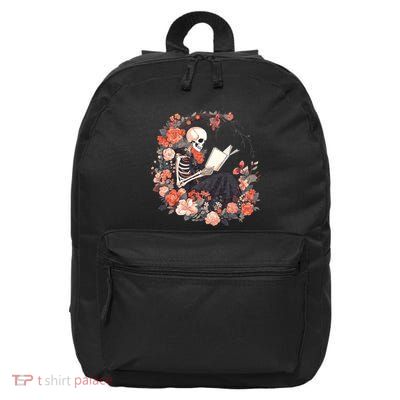 Skeleton Reading Book Lover Floral Flowers Bookish Bookworm 16 in Basic Backpack