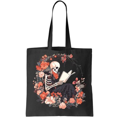 Skeleton Reading Book Lover Floral Flowers Bookish Bookworm Tote Bag