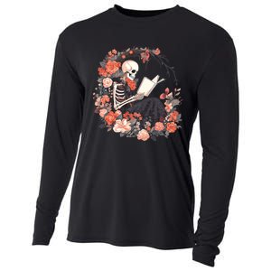 Skeleton Reading Book Lover Floral Flowers Bookish Bookworm Cooling Performance Long Sleeve Crew