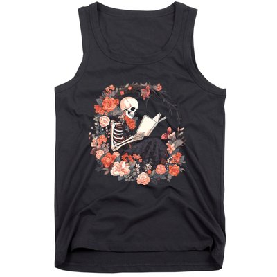 Skeleton Reading Book Lover Floral Flowers Bookish Bookworm Tank Top