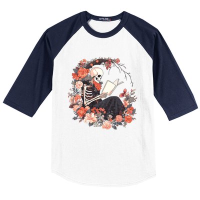 Skeleton Reading Book Lover Floral Flowers Bookish Bookworm Baseball Sleeve Shirt