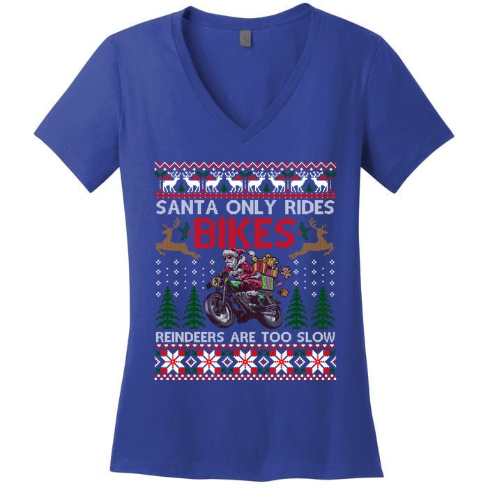 Santa Rides Bikes Christmas Motorcycle Ugly Xmas Sweater Meaningful Gift Women's V-Neck T-Shirt