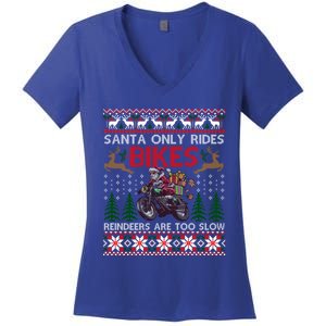 Santa Rides Bikes Christmas Motorcycle Ugly Xmas Cute Gift Women's V-Neck T-Shirt