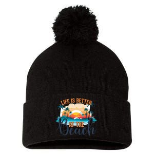 Summer Retro Beach Vibes Graphic Pom Pom 12in Knit Beanie