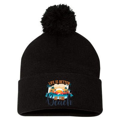 Summer Retro Beach Vibes Graphic Pom Pom 12in Knit Beanie