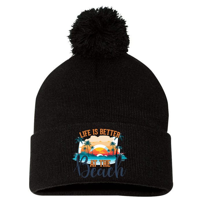 Summer Retro Beach Vibes Graphic Pom Pom 12in Knit Beanie