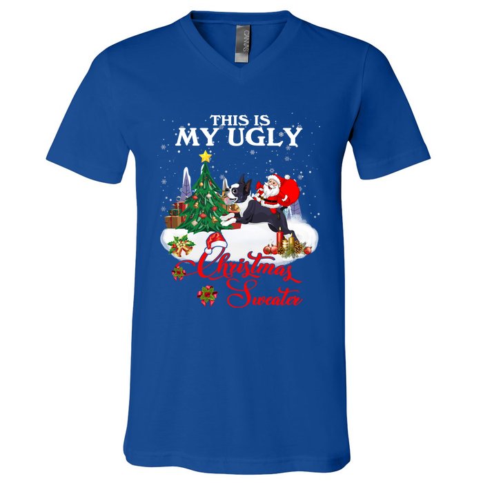 Santa Riding Boston Terrier This Is My Ugly Christmas Gift V-Neck T-Shirt