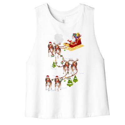 Santa Riding Beagle Sleigh Christmas Beagle Reindeer Gift Women's Racerback Cropped Tank