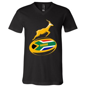 Springbok Rugby Ball & South African Flag V-Neck T-Shirt