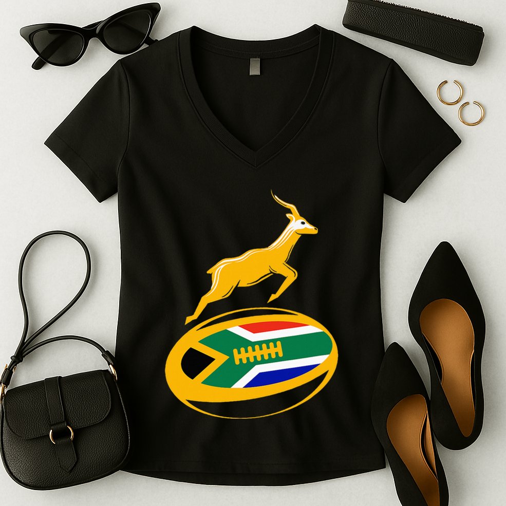 Springbok Rugby Ball & South African Flag Women's V-Neck T-Shirt