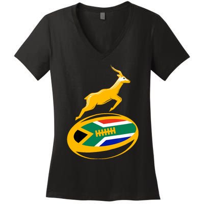 Springbok Rugby Ball & South African Flag Women's V-Neck T-Shirt