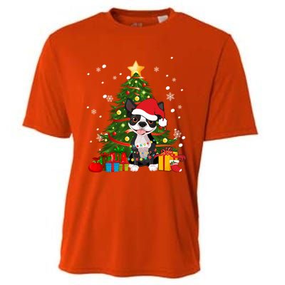 Santa Reindeer Boston Terrier Christmas Tree Lights Dog Gift Cooling Performance Crew T-Shirt