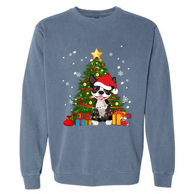 Santa Reindeer Boston Terrier Christmas Tree Lights Dog Gift Garment-Dyed Sweatshirt