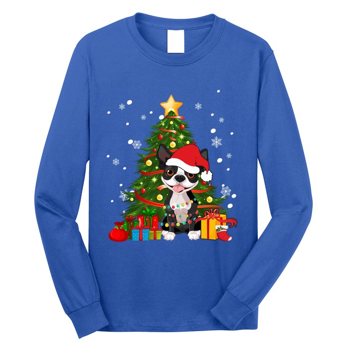 Santa Reindeer Boston Terrier Christmas Tree Lights Dog Gift Long Sleeve Shirt