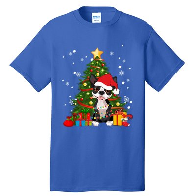 Santa Reindeer Boston Terrier Christmas Tree Lights Dog Gift Tall T-Shirt