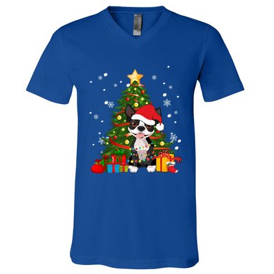 Santa Reindeer Boston Terrier Christmas Tree Lights Dog Gift V-Neck T-Shirt