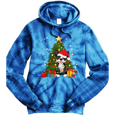 Santa Reindeer Boston Terrier Christmas Tree Lights Dog Gift Tie Dye Hoodie