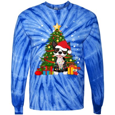 Santa Reindeer Boston Terrier Christmas Tree Lights Dog Gift Tie-Dye Long Sleeve Shirt