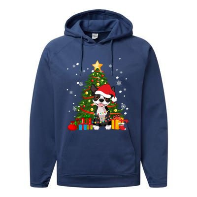 Santa Reindeer Boston Terrier Christmas Tree Lights Dog Gift Performance Fleece Hoodie