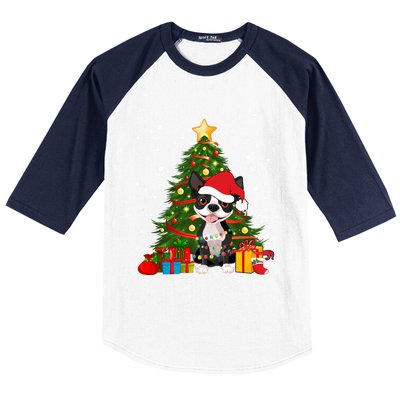 Santa Reindeer Boston Terrier Christmas Tree Lights Dog Gift Baseball Sleeve Shirt