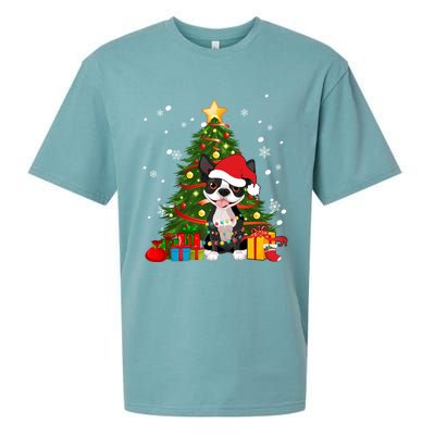 Santa Reindeer Boston Terrier Christmas Tree Lights Dog Gift Sueded Cloud Jersey T-Shirt