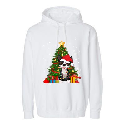 Santa Reindeer Boston Terrier Christmas Tree Lights Dog Gift Garment-Dyed Fleece Hoodie