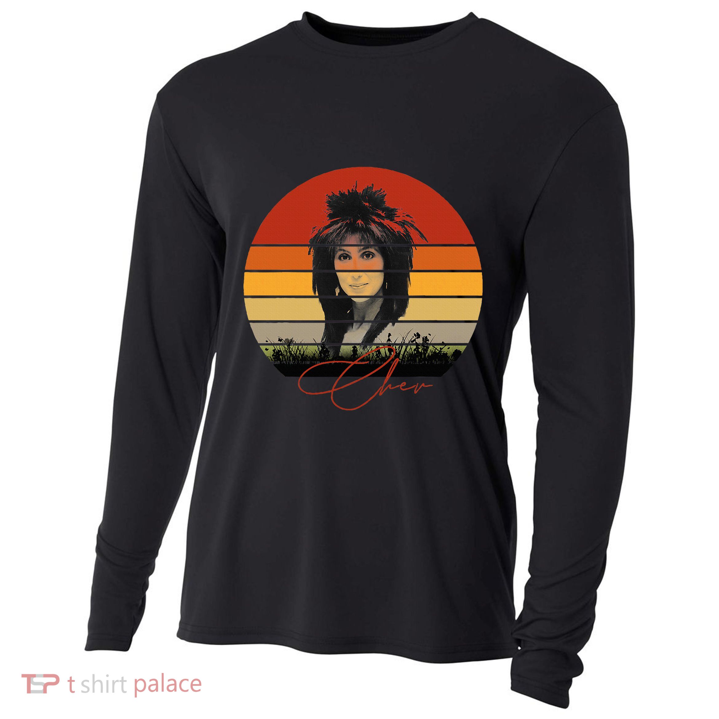Solid Retro Color Sunset Vintage Chers Music Cooling Performance Long Sleeve Crew