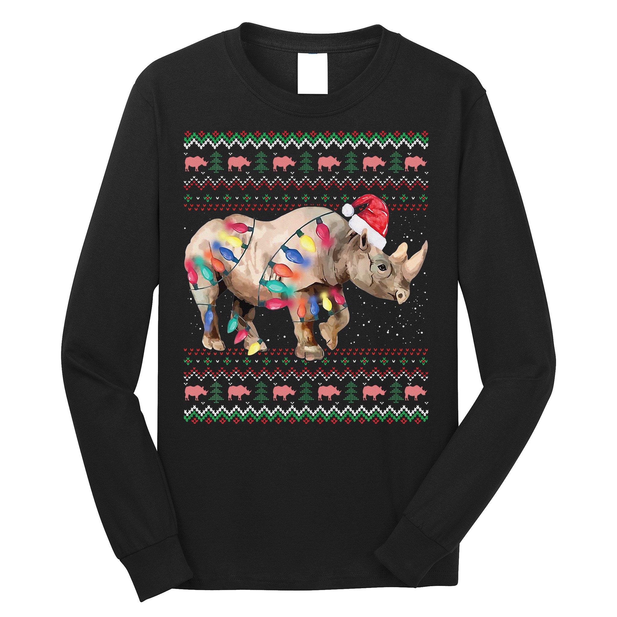 Santa Rhino Christmas Lights Ugly Sweater Racoon Lover Xmas Long Sleeve Shirt