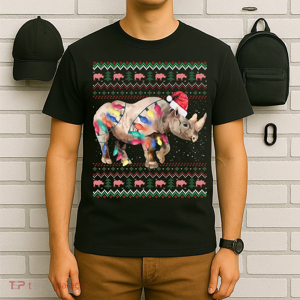 Santa Rhino Christmas Lights Ugly Sweater Racoon Lover Xmas T-Shirt