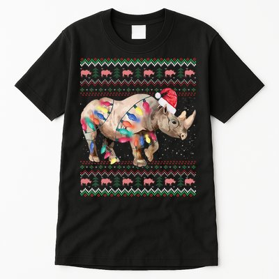 Santa Rhino Christmas Lights Ugly Sweater Racoon Lover Xmas Tall T-Shirt