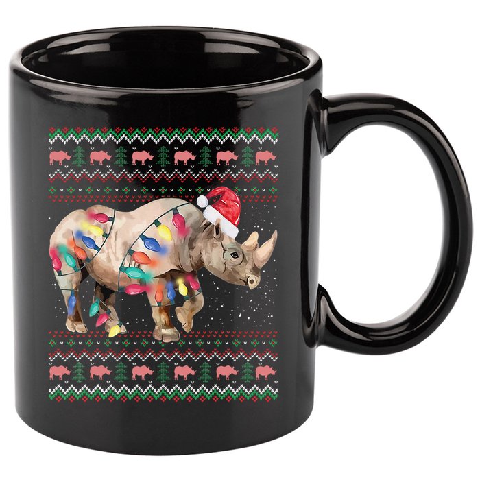 Santa Rhino Christmas Lights Ugly Sweater Racoon Lover Xmas 11oz C Handle Ceramic Mug