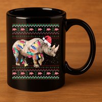 Santa Rhino Christmas Lights Ugly Sweater Racoon Lover Xmas 11oz C Handle Ceramic Mug