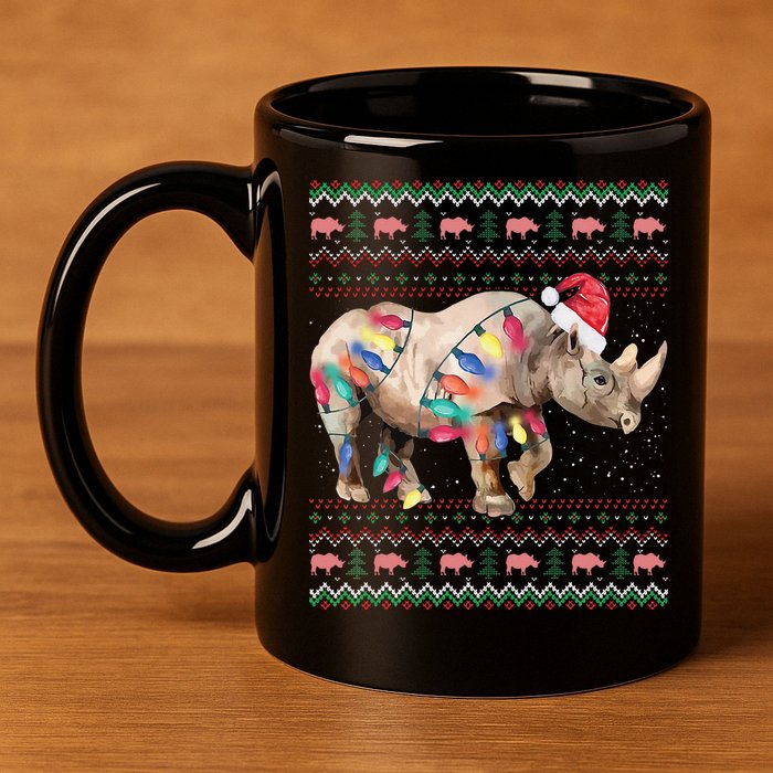 Santa Rhino Christmas Lights Ugly Sweater Racoon Lover Xmas 11oz C Handle Ceramic Mug