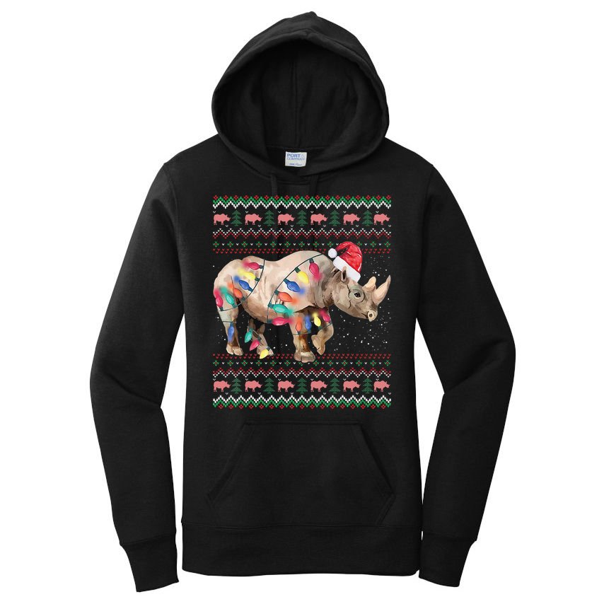 Santa Rhino Christmas Lights Ugly Sweater Racoon Lover Xmas Women's Pullover Hoodie