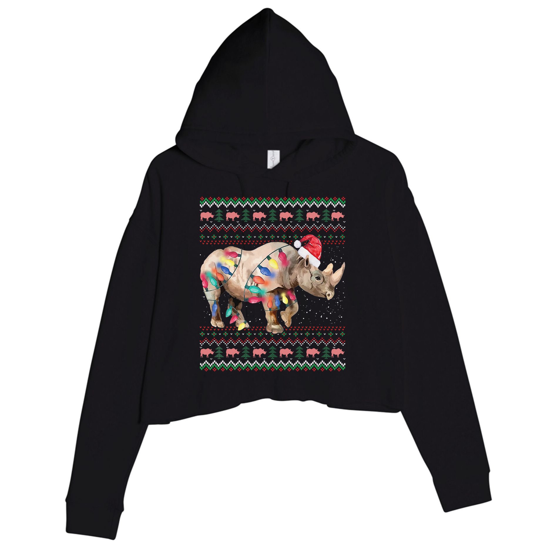 Santa Rhino Christmas Lights Ugly Sweater Racoon Lover Xmas Crop Fleece Hoodie