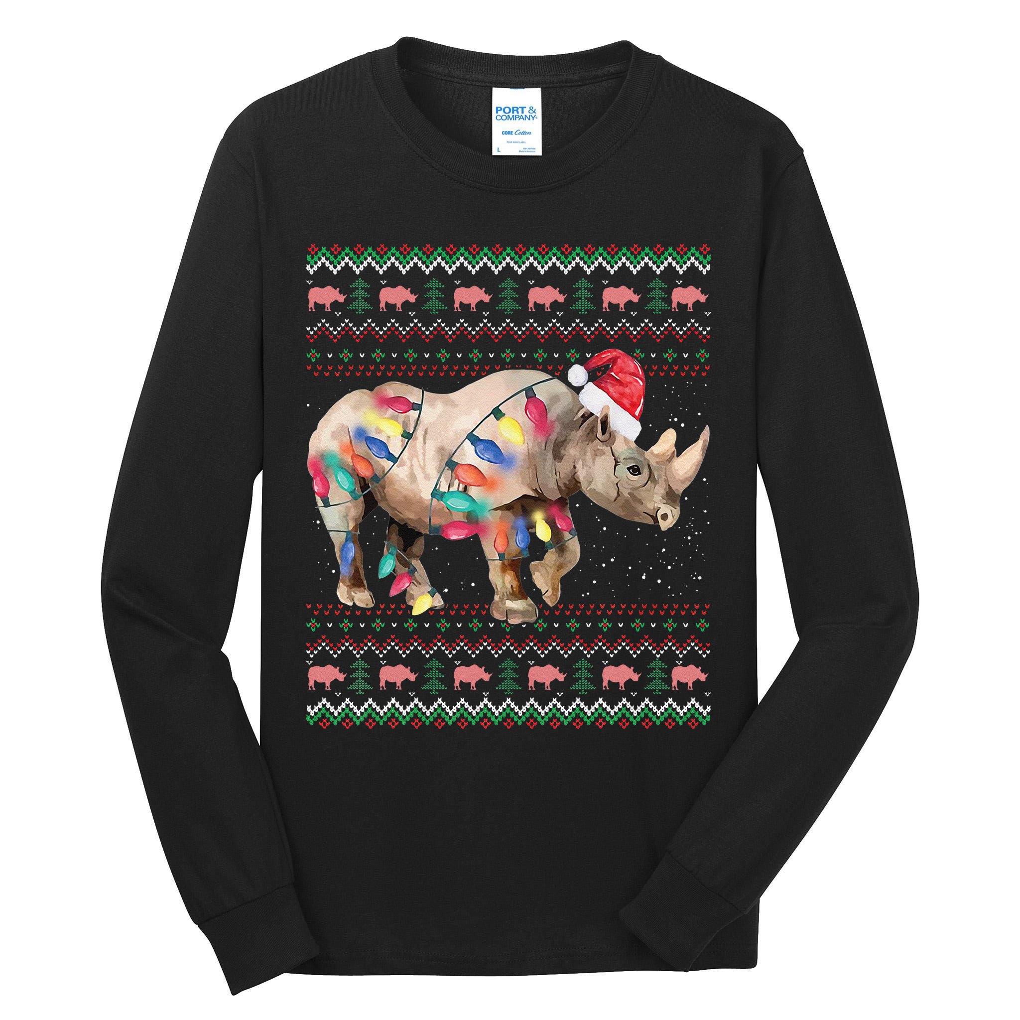 Santa Rhino Christmas Lights Ugly Sweater Racoon Lover Xmas Tall Long Sleeve T-Shirt