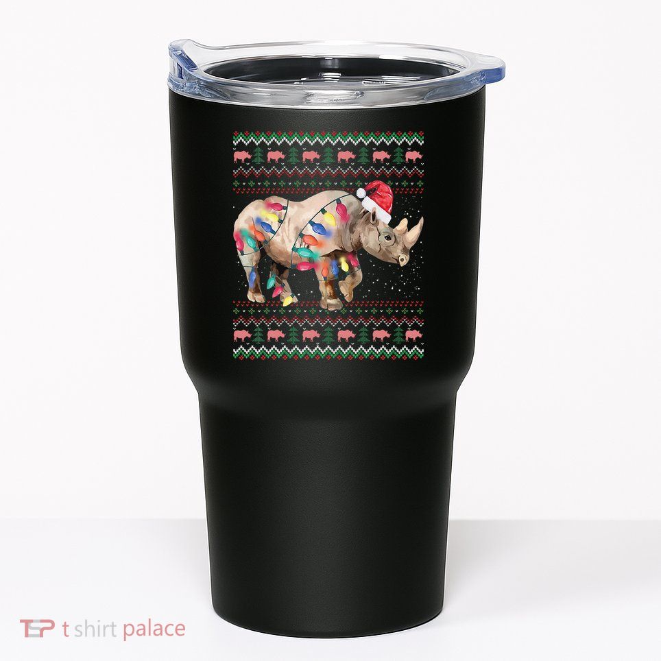 Santa Rhino Christmas Lights Ugly Sweater Racoon Lover Xmas Tumbler