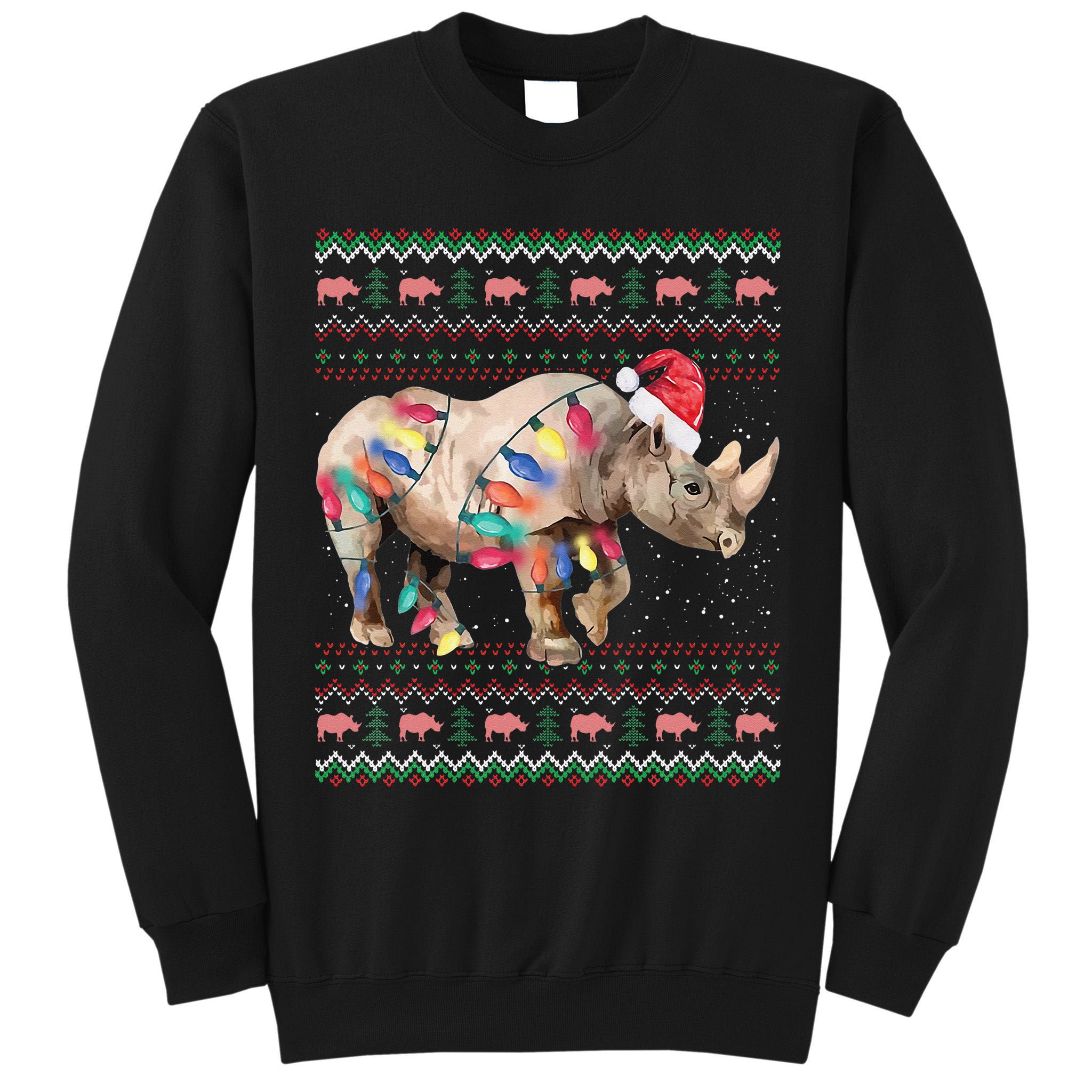 Santa Rhino Christmas Lights Ugly Sweater Racoon Lover Xmas Tall Sweatshirt