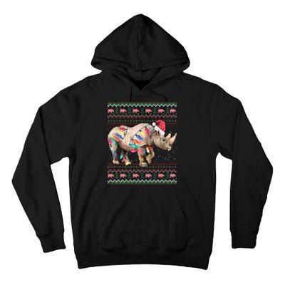 Santa Rhino Christmas Lights Ugly Sweater Racoon Lover Xmas Tall Hoodie