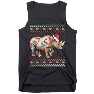 Santa Rhino Christmas Lights Ugly Sweater Racoon Lover Xmas Tank Top