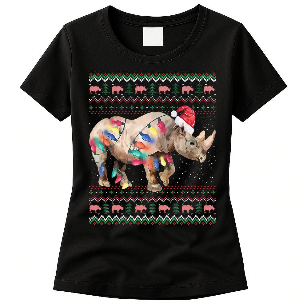 Santa Rhino Christmas Lights Ugly Sweater Racoon Lover Xmas Womens T-Shirt